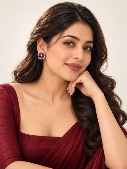 Red heart-petal flower silver-plated stud earrings