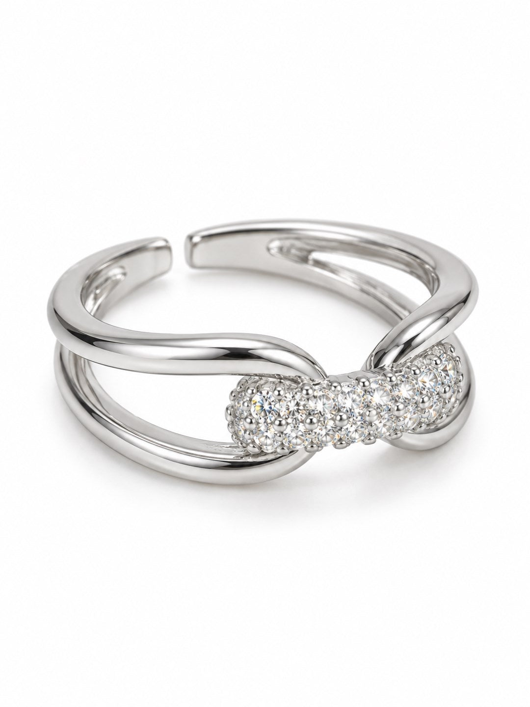 Clear Pave Knot Open Ring - Silver Plated