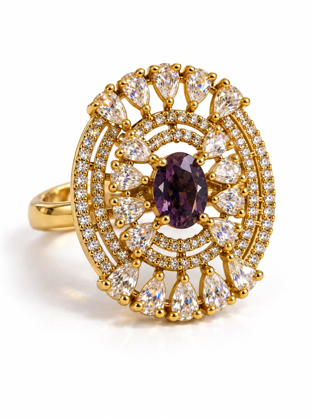 Purple Stone Oval Teardrop Halo Ring - Gold Plated, additional view 1