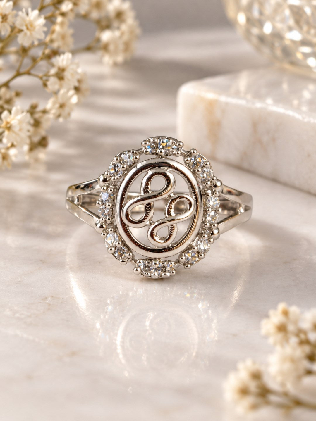 Clear Oval Halo Scroll Ring - Silver Plated