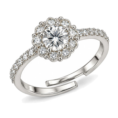 Clear Round Stone Flower Halo Ring - Silver Plated, product view