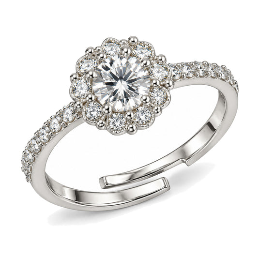Clear Round Stone Flower Halo Ring - Silver Plated, product view