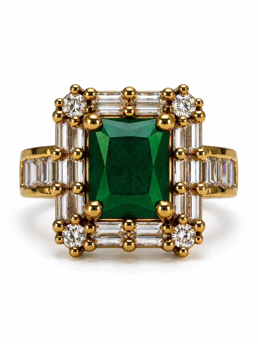 Green Center Stone Baguette Halo Ring - Gold Plated product image