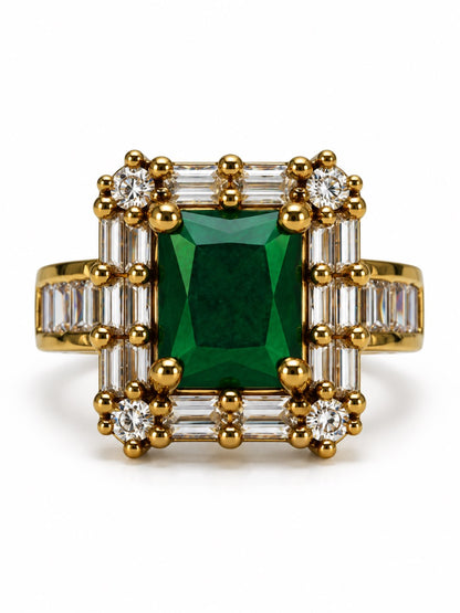 Green Center Stone Baguette Halo Ring - Gold Plated product image