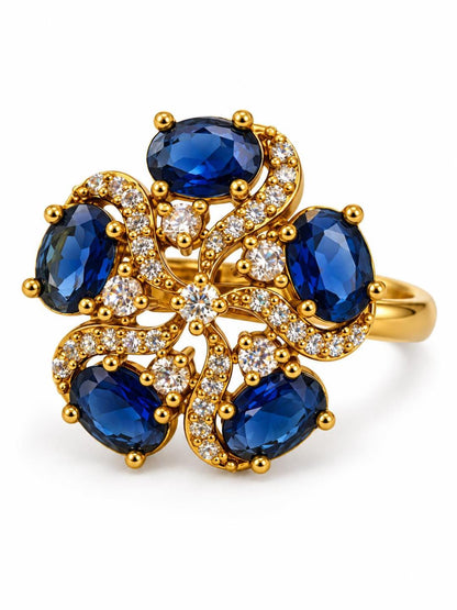 Blue Stone Five Petal Swirl Ring - Gold Plated, additional view 1