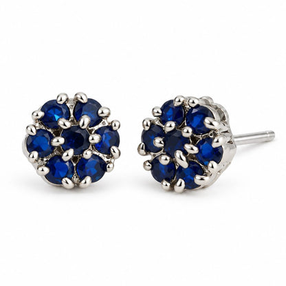 Blue Stone Floral Cluster Stud Earrings, silver plated