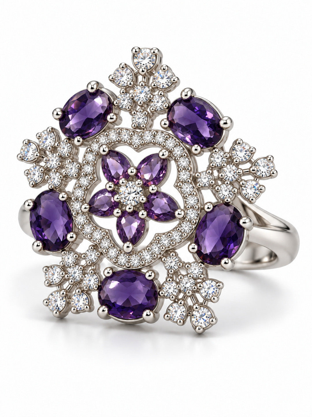 Purple Stone Ornate Floral Ring - Silver Plated - alternate view