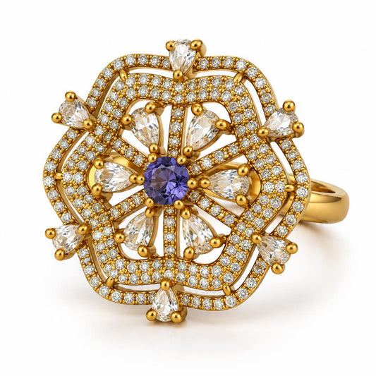 Purple Stone Scalloped Floral Halo Ring - Gold Plated, product view