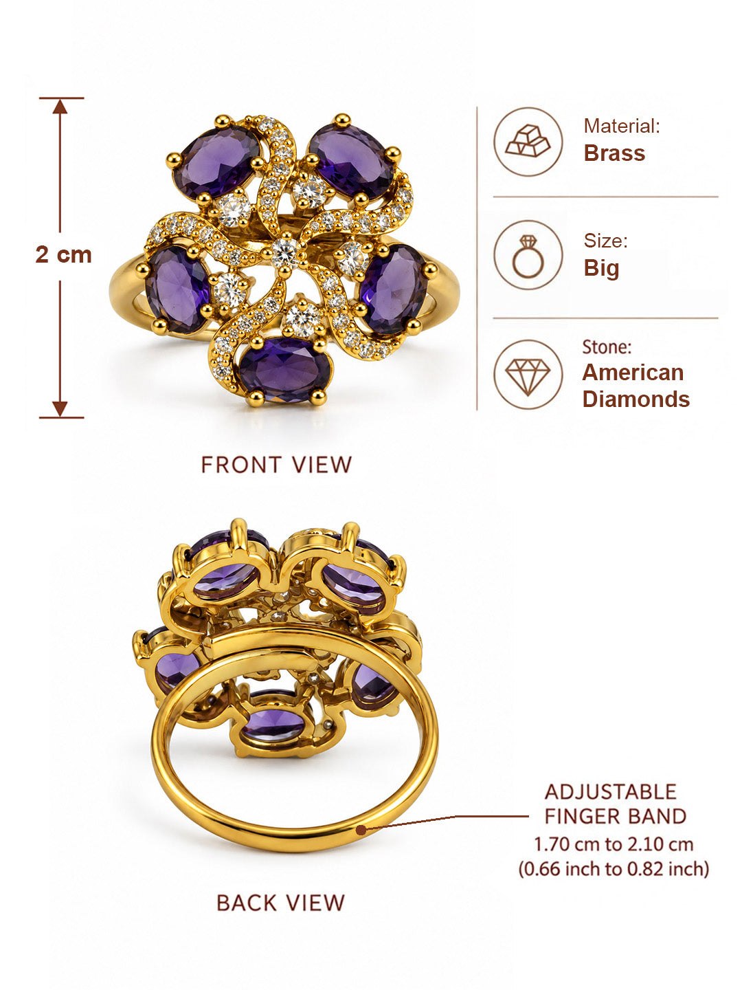 Purple Stone Five Petal Swirl Ring - Gold Plated, additional view 6