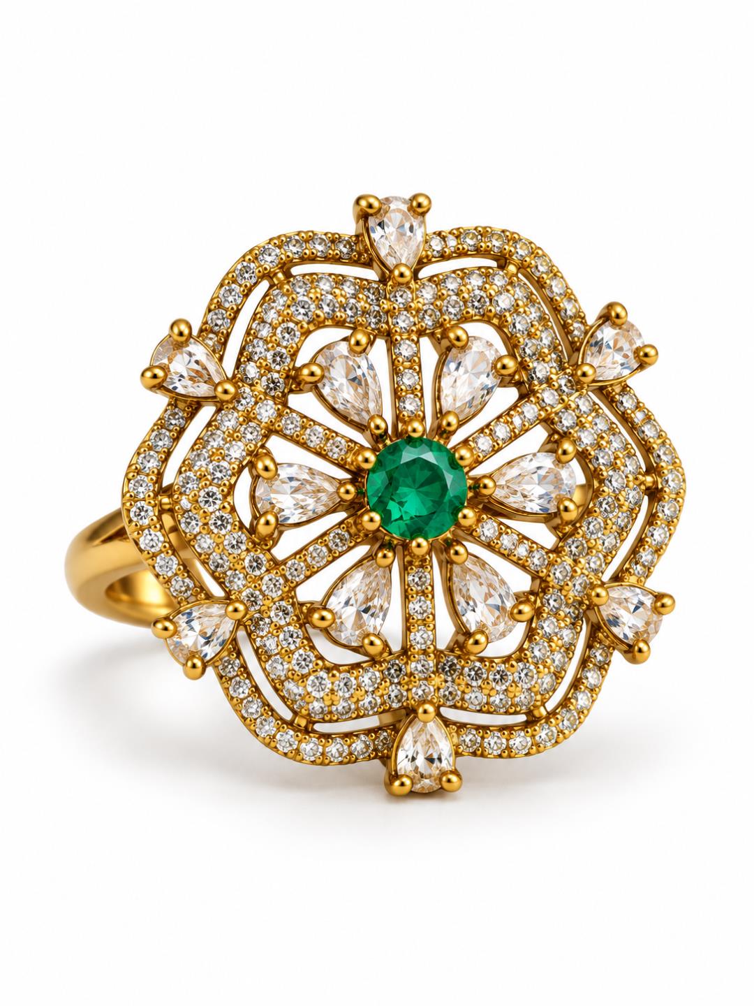 Sea Green Stone Scalloped Floral Halo Ring - Gold Plated, additional view 2