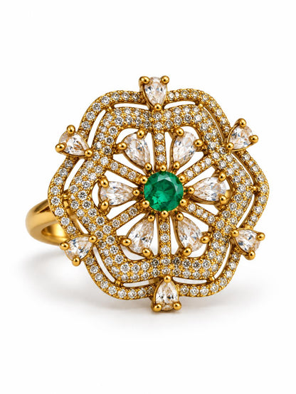 Sea Green Stone Scalloped Floral Halo Ring - Gold Plated, additional view 2