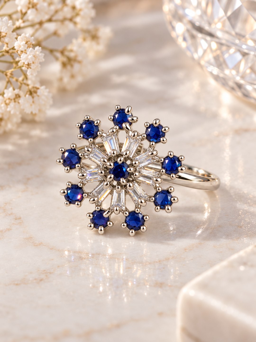 Blue Floral Starburst Ring - Silver Plated