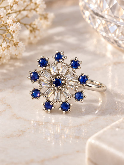 Blue Floral Starburst Ring - Silver Plated