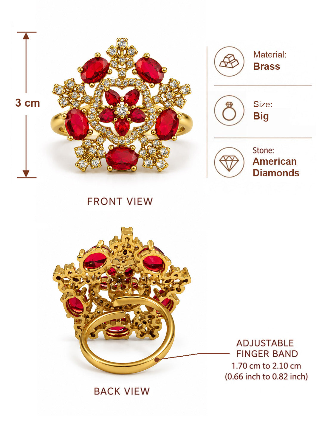 Red Stone Floral Cross Cluster Ring - Gold Plated, additional view 6