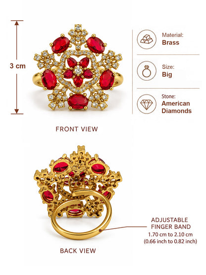 Red Stone Floral Cross Cluster Ring - Gold Plated, additional view 6