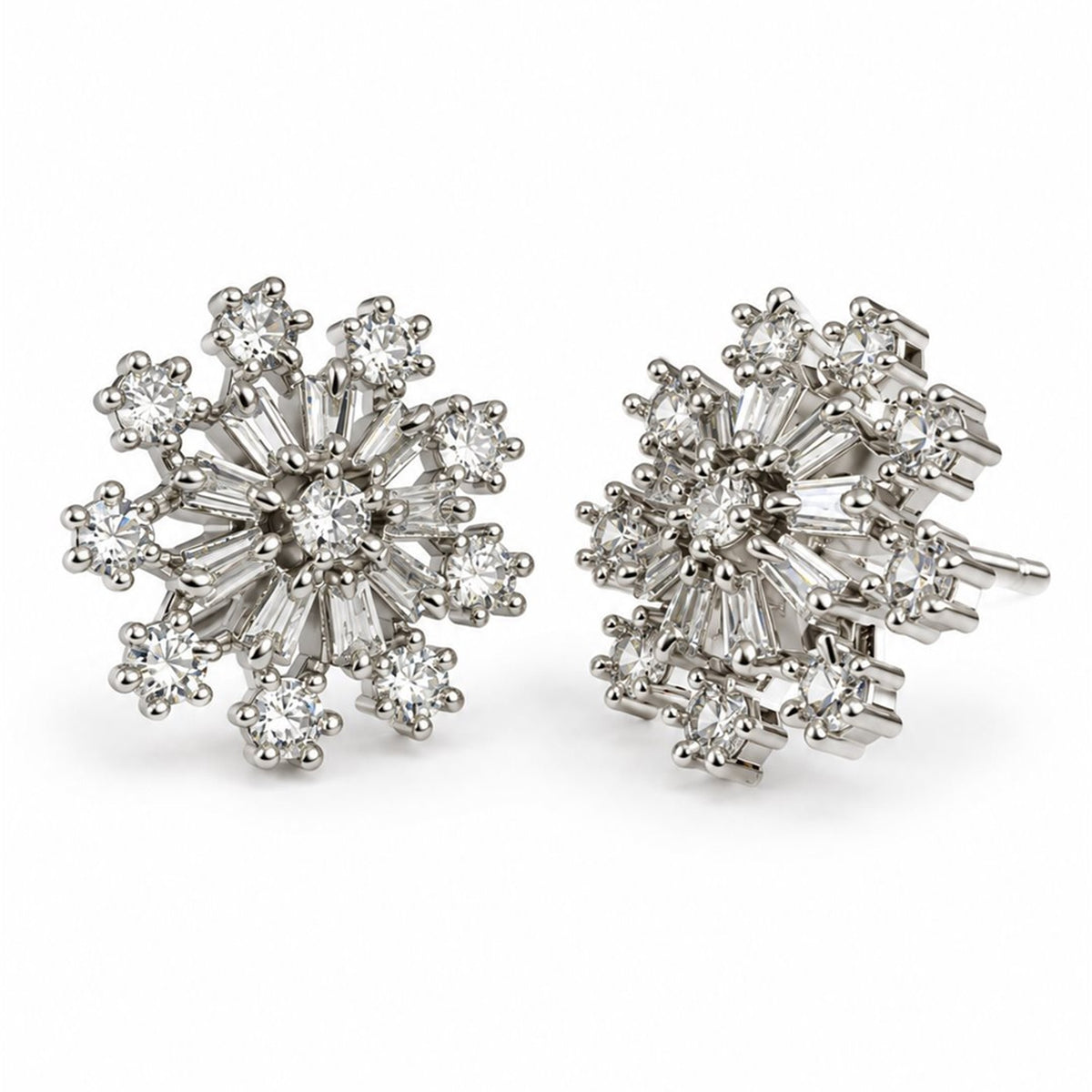 Clear Baguette Sunburst Stud Earrings, silver plated