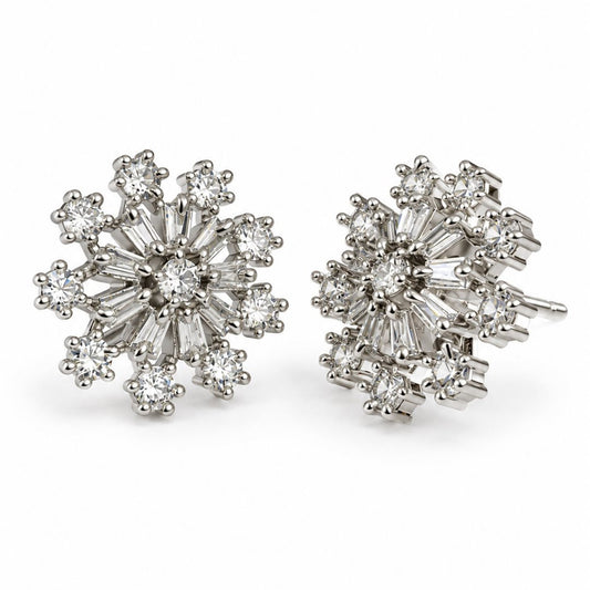 Clear Baguette Sunburst Stud Earrings, silver plated