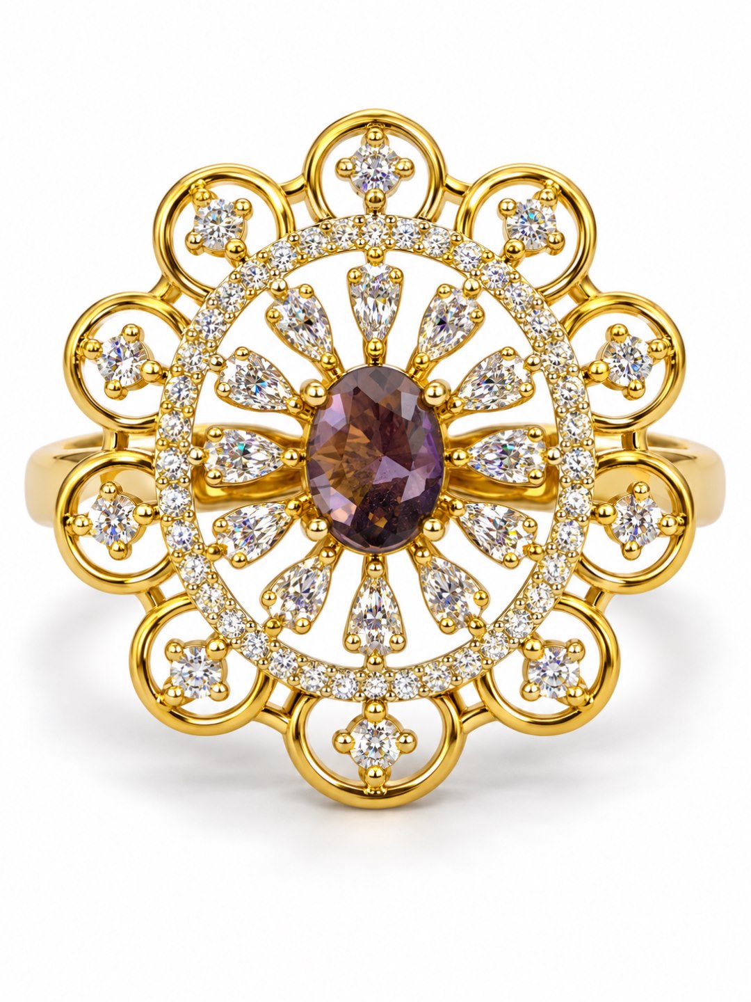 Purple Center Stone Scalloped Floral Halo Ring - Gold Plated