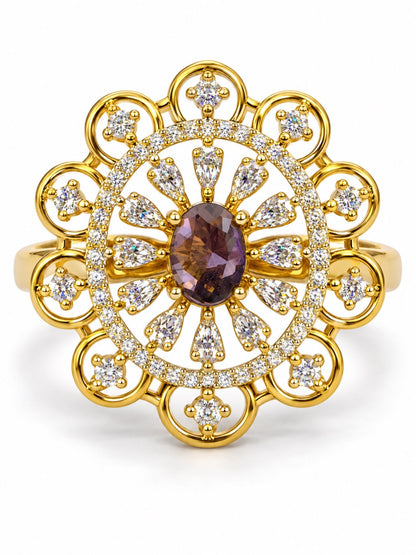 Purple Center Stone Scalloped Floral Halo Ring - Gold Plated