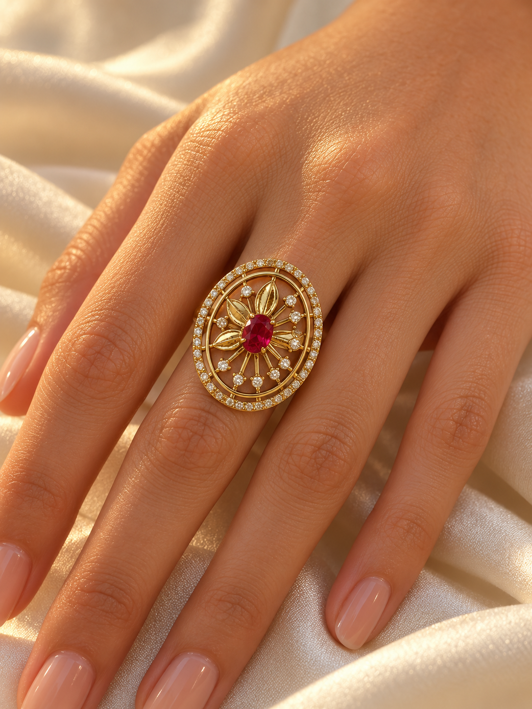 Red Stone Oval Sunburst Ring - Gold Plated, model close-up