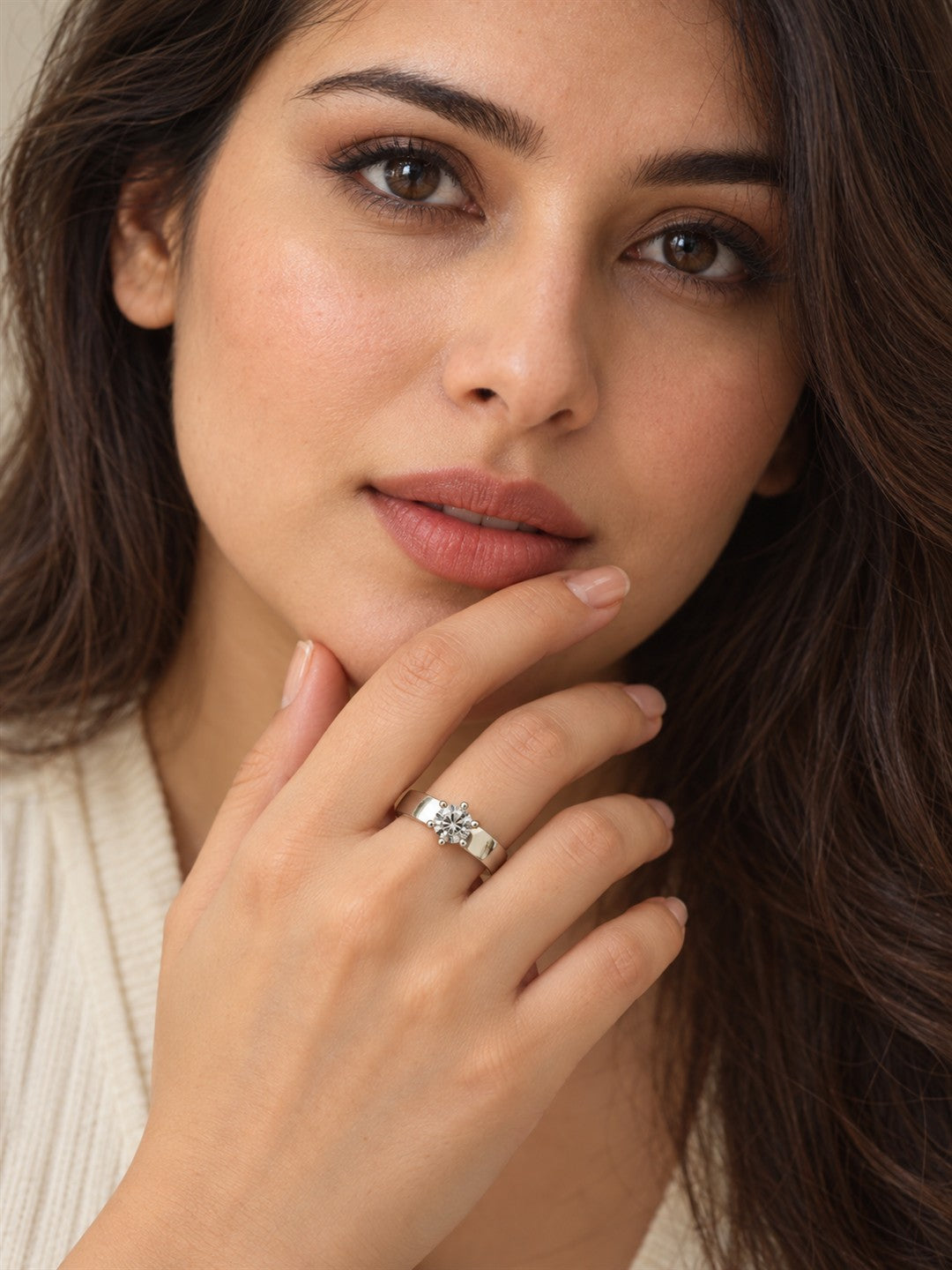 Clear Round Solitaire Curved Band Ring - Silver Plated, model close-up