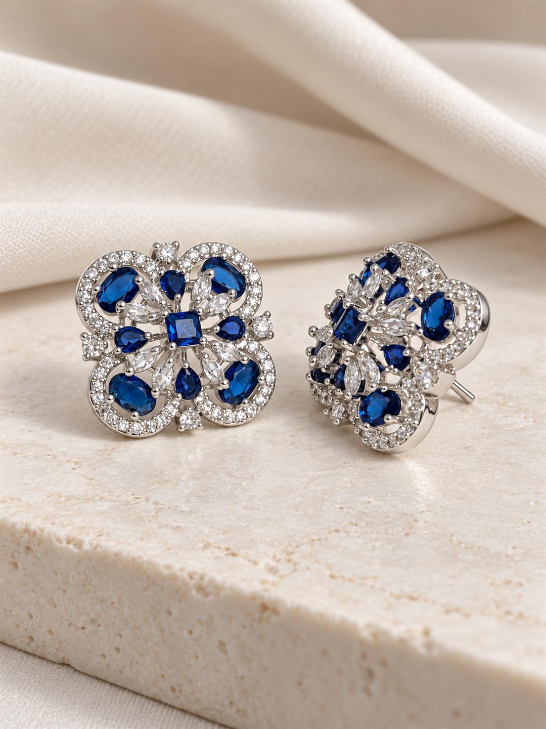 Blue four-leaf clover halo silver-plated stud earrings