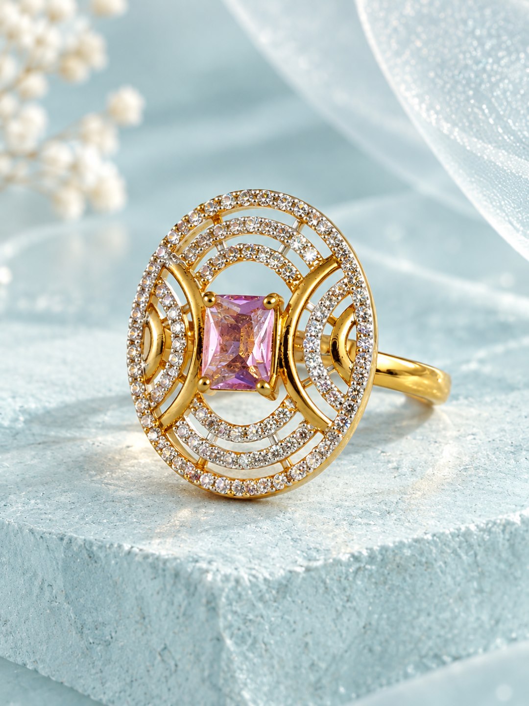 Lavender Center Stone Oval Geometric Halo Ring - Gold Plated