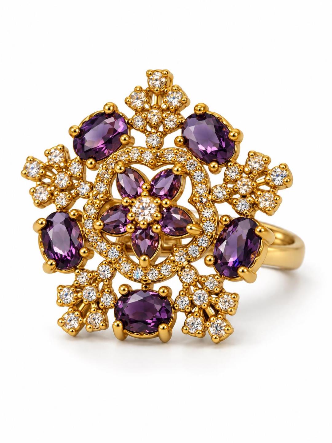 Purple Stone Floral Cross Cluster Ring - Gold Plated, additional view 1