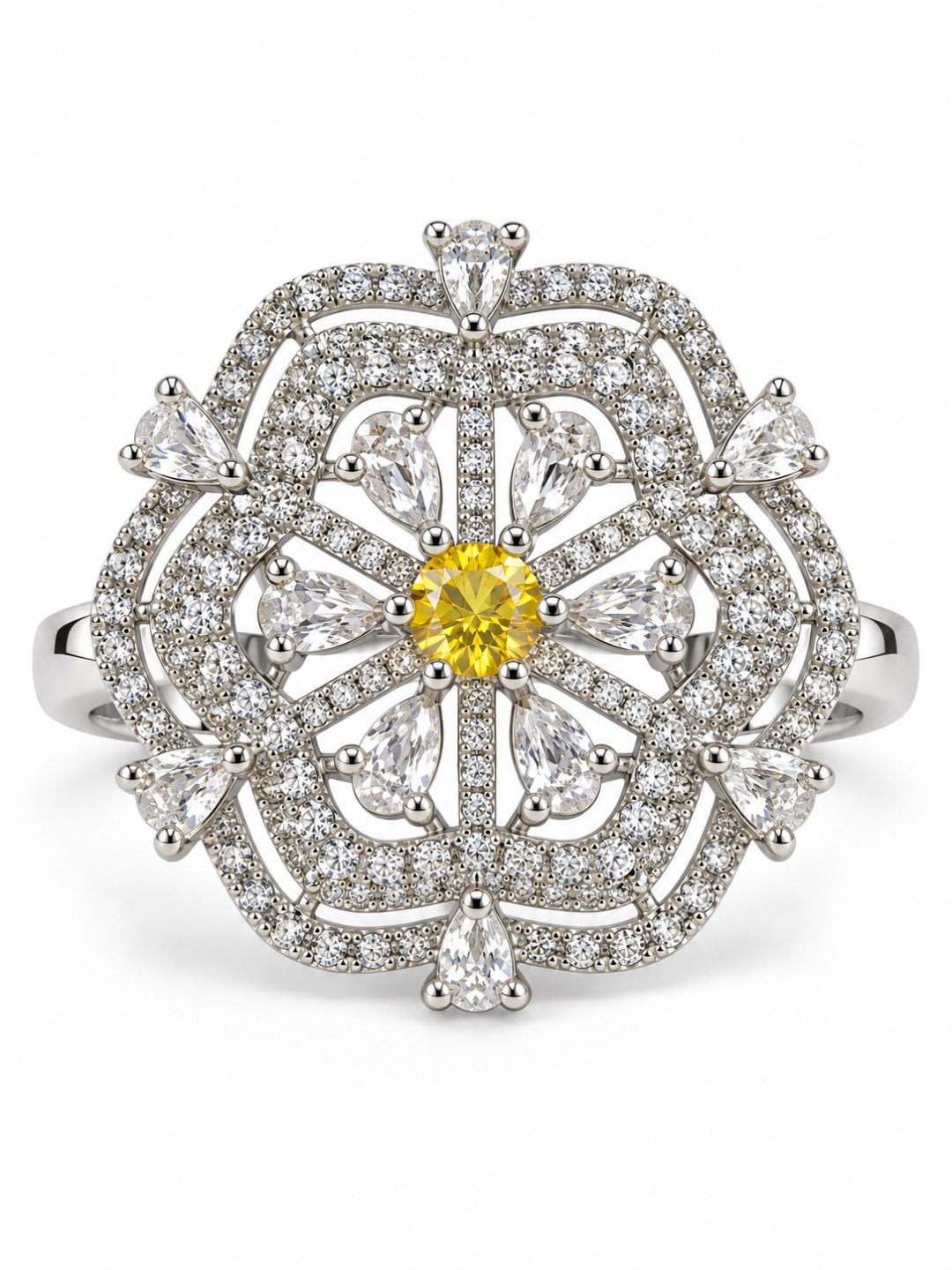 Yellow Round Center Geometric Flower Ring - Silver Plated - alternate view