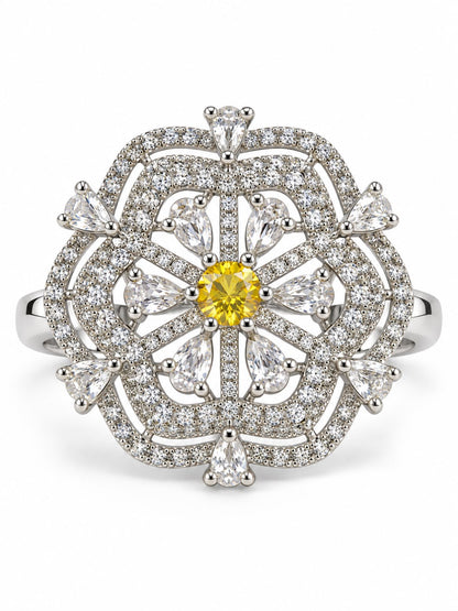 Yellow Round Center Geometric Flower Ring - Silver Plated - alternate view