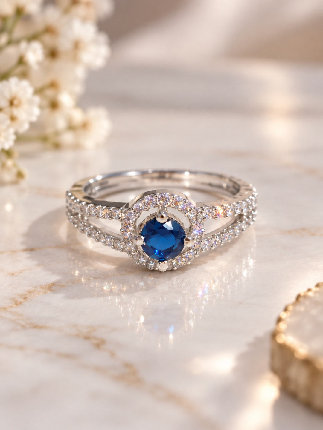 Blue Round Halo Split-Shank Ring - Silver Plated