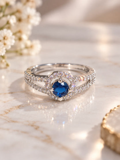 Blue Round Halo Split-Shank Ring - Silver Plated