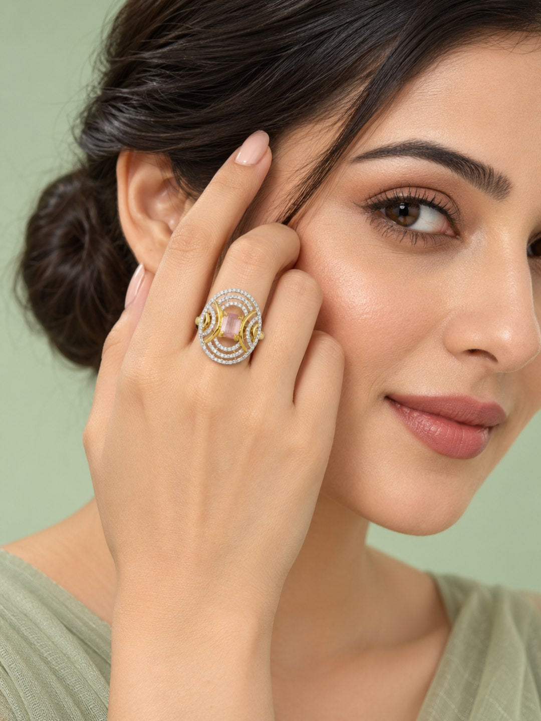 Pink Center Stone Oval Geometric Halo Ring - Gold Plated - model close-up