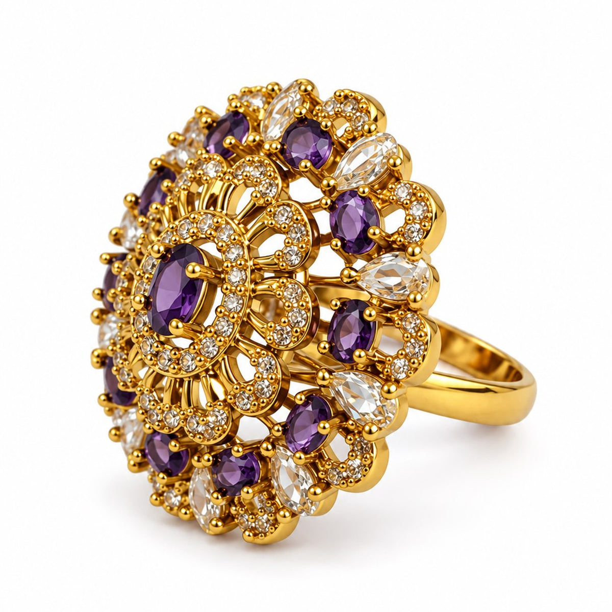 Purple Stone Ornate Floral Cluster Ring - Gold Plated, product view