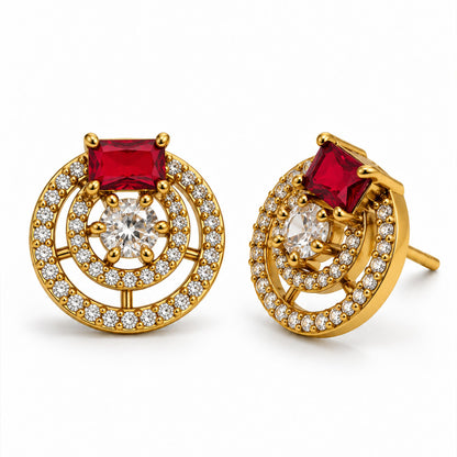 Red Stone Double Halo Stud Earrings, gold plated