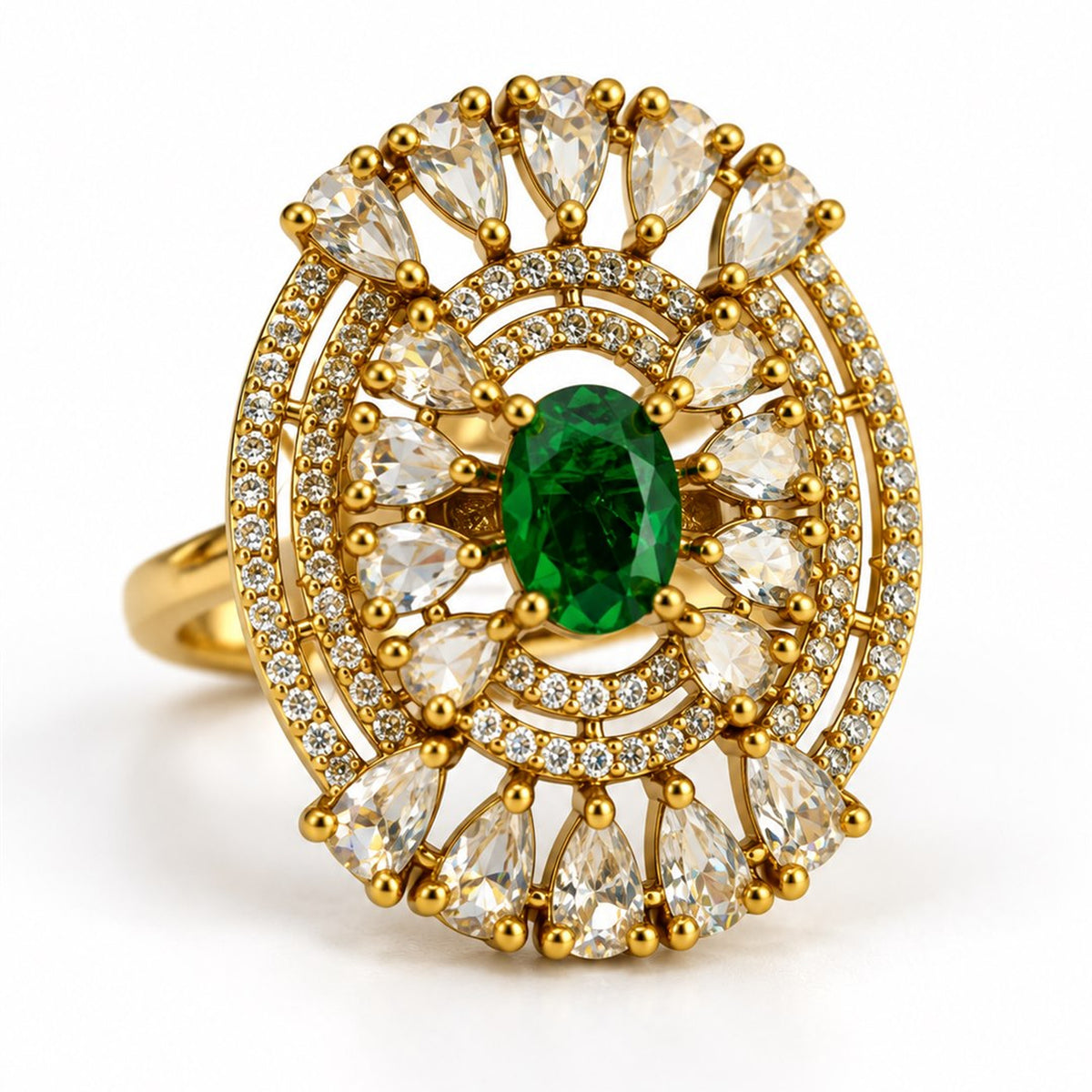 Green Stone Oval Teardrop Halo Ring - Gold Plated, product view