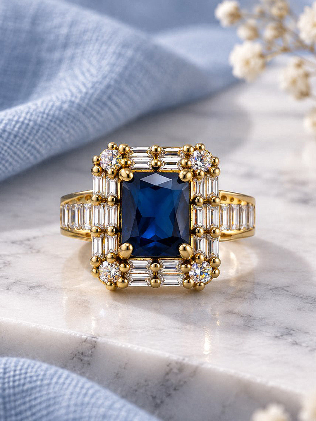 Blue Center Stone Baguette Halo Ring - Gold Plated product image