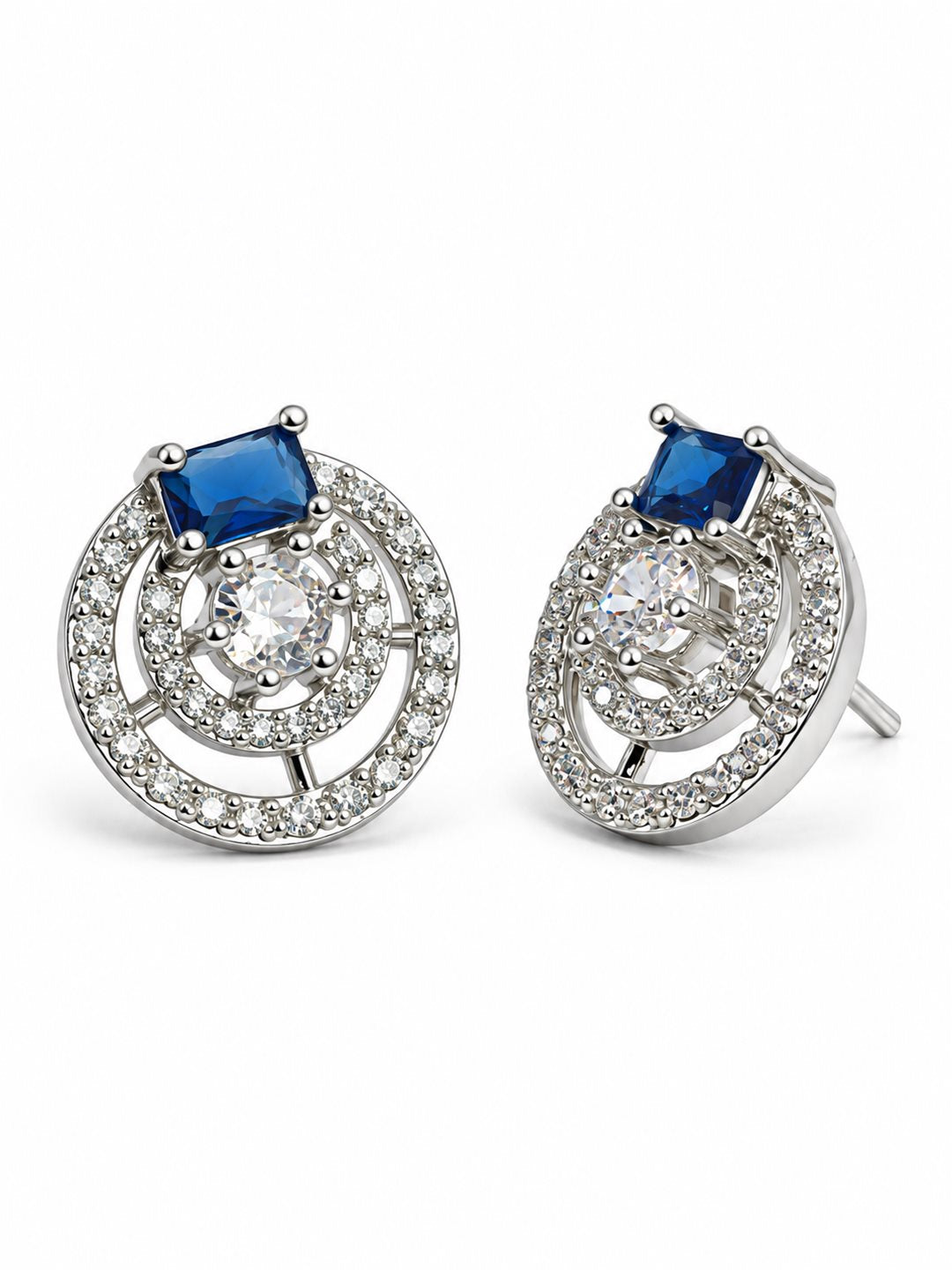 Blue Stone Double Halo Stud Earrings, silver plated, alternate product view