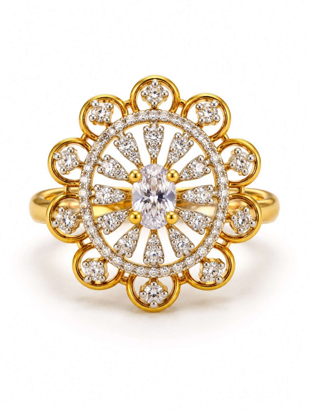 Clear Stone Scalloped Sunburst Ring - Gold Plated, additional view 4