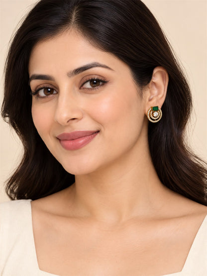 Green Stone Double Halo Stud Earrings, gold plated, styled on model