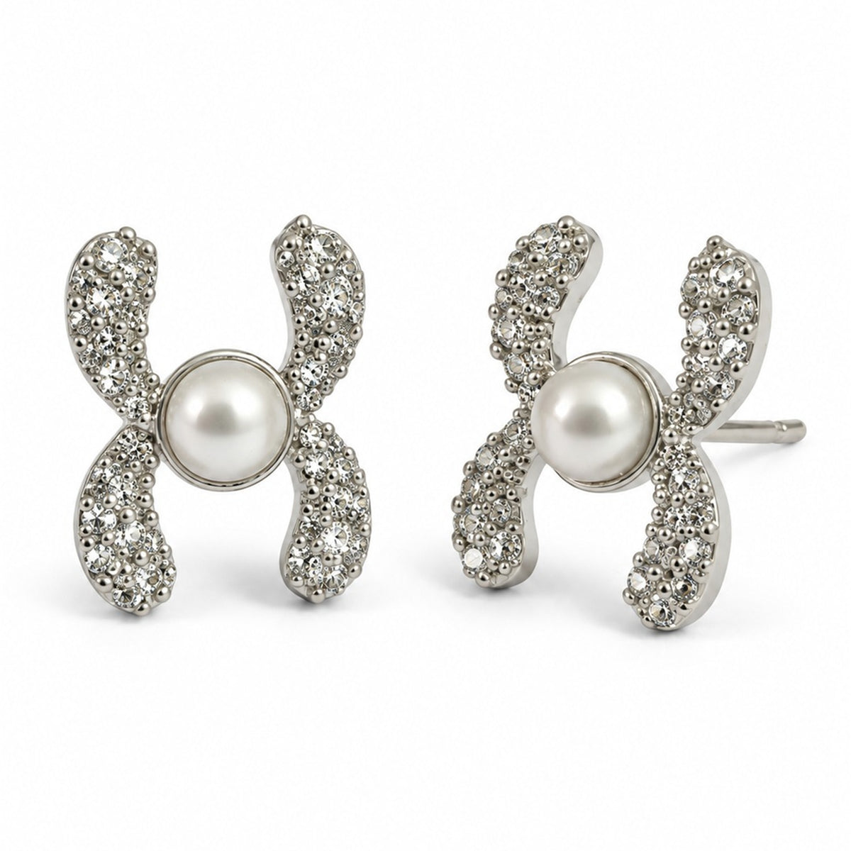 White Pearl-Effect Four Petal Stud Earrings, silver plated