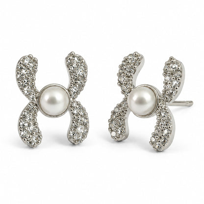White Pearl-Effect Four Petal Stud Earrings, silver plated