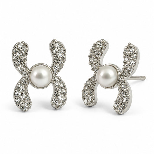 White Pearl-Effect Four Petal Stud Earrings, silver plated