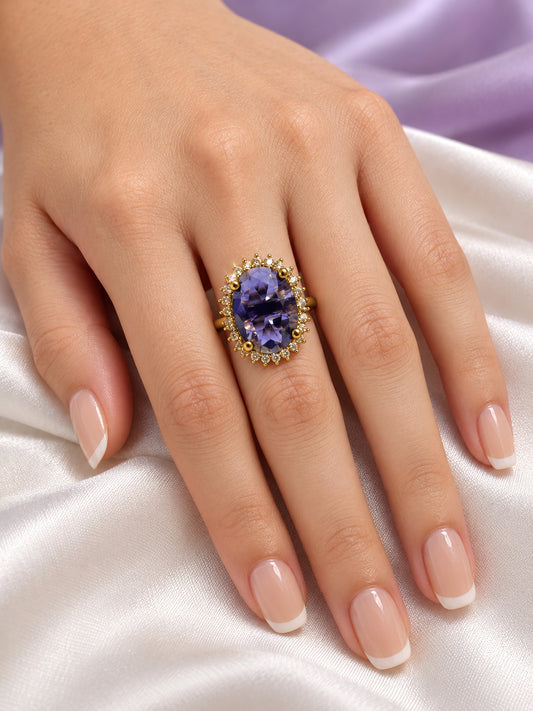 Purple Oval Stone Sunburst Halo Ring - Gold Plated, model close-up