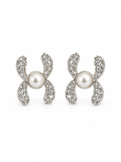 White Pearl-Effect Four Petal Stud Earrings, silver plated, additional product view