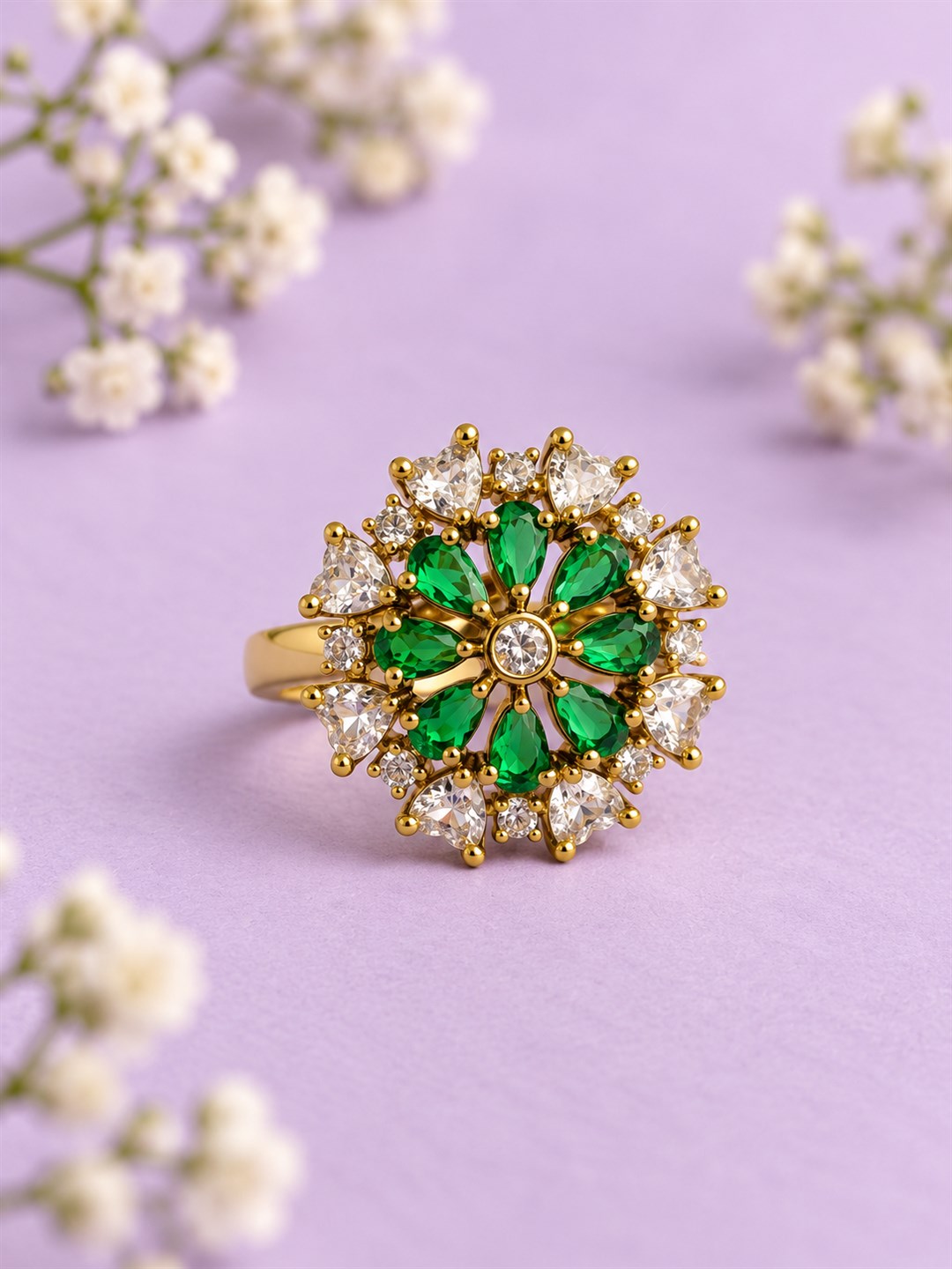 Green Stone Teardrop Floral Cluster Ring - Gold Plated, additional view 3