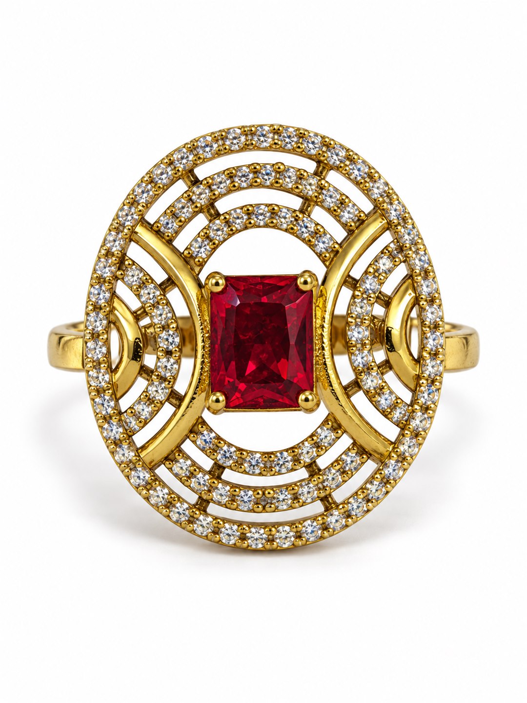 Red Stone Rectangular Stone Oval Halo Ring - Gold Plated, additional view 4