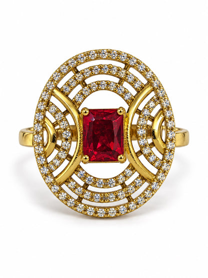 Red Stone Rectangular Stone Oval Halo Ring - Gold Plated, additional view 4