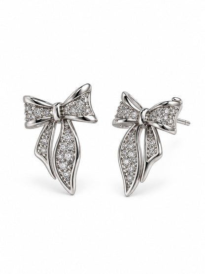 Clear Pave Bow Stud Earrings, silver plated, alternate product view