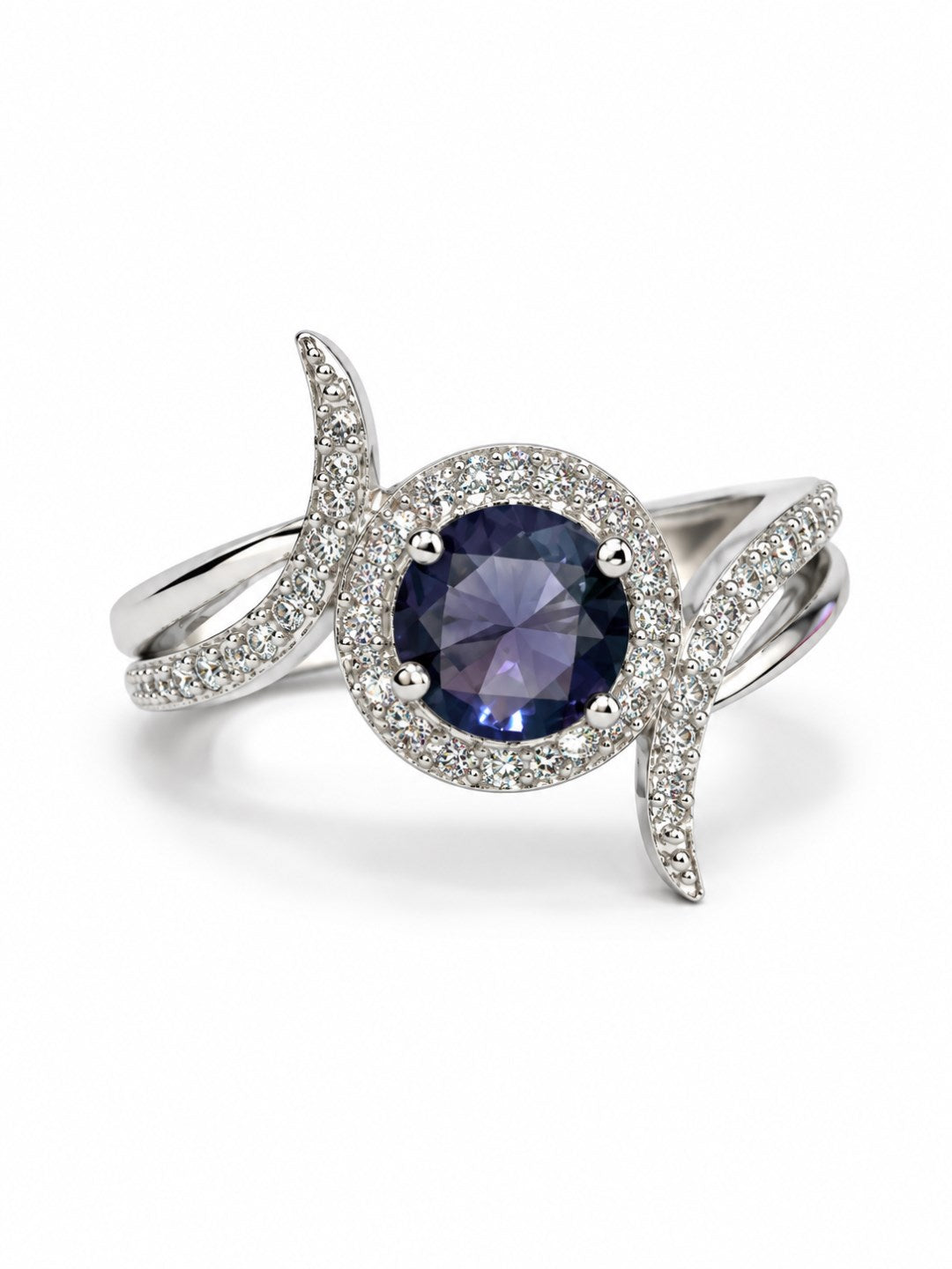 Purple Round Halo Swirl Ring - Silver Plated
